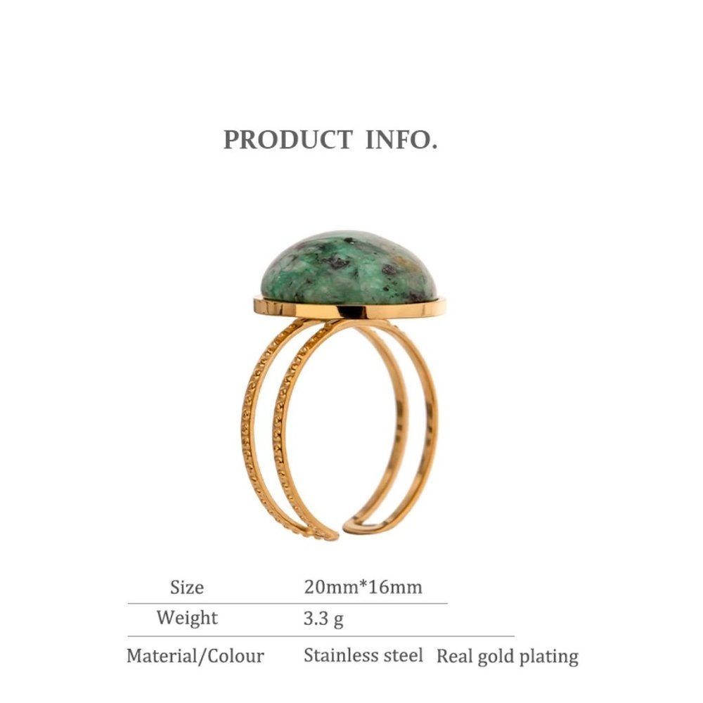 New 18K Gold Plated Green Round Natural Stone Resizable Ring - Picture 3 of 6